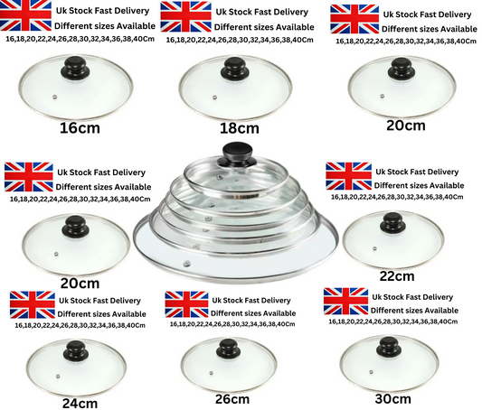 Universal Glass Pan Lid 16-34cm Tempered Saucepan Frying Wok Vented Cover – UK