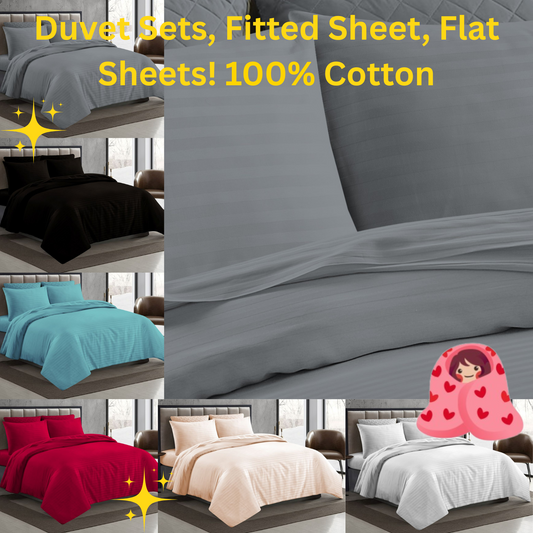 T 250 100% Cotton Striped Bedding Set Duvet, Sheets, Flat Pillowcases