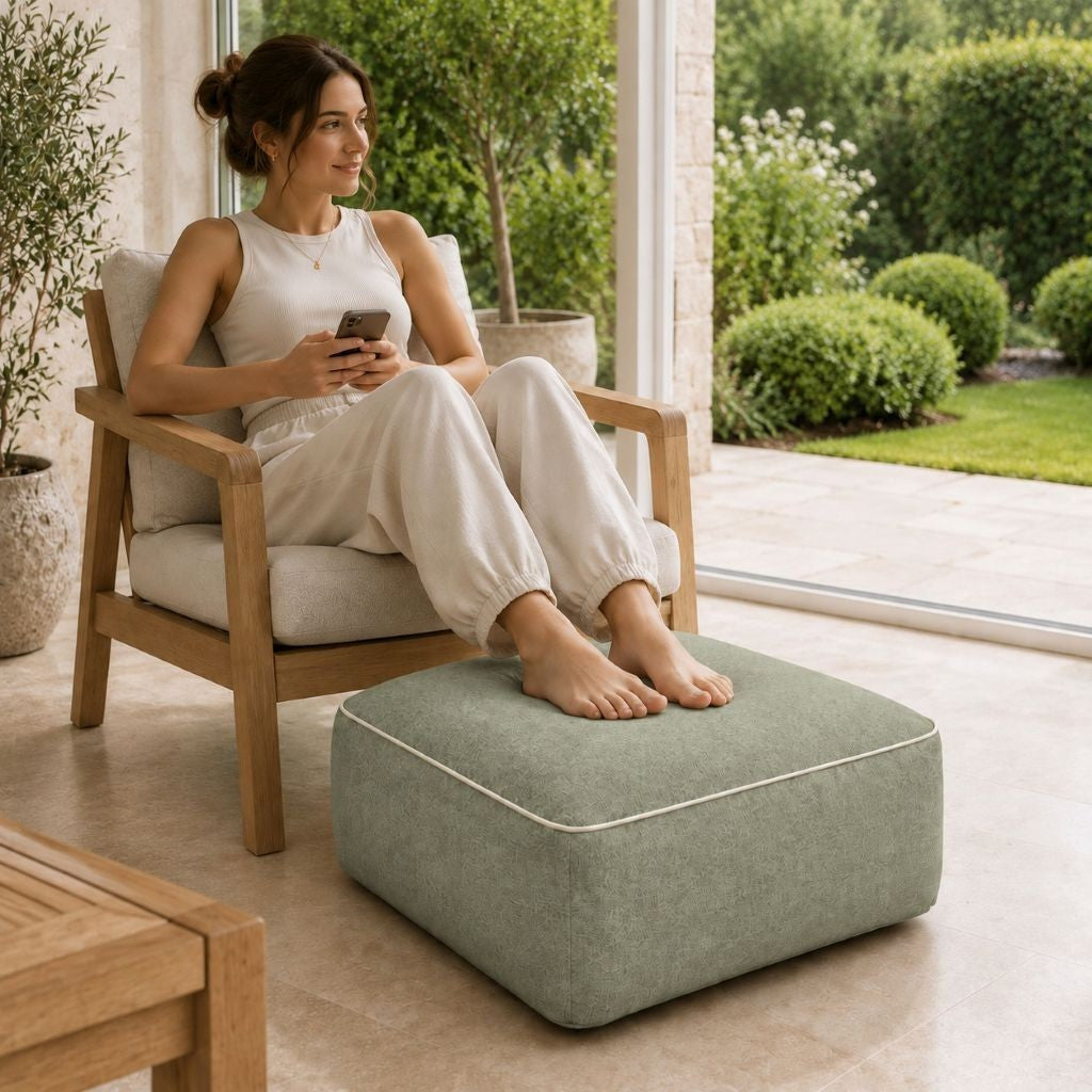 Inflatable square pouf dimensions guide showing 60 x 60 x 25 cm size