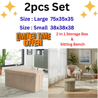 2pcs Set Ribbed Ottoman Storage Box Multi Seat Foot Stool Bench Home Organizer