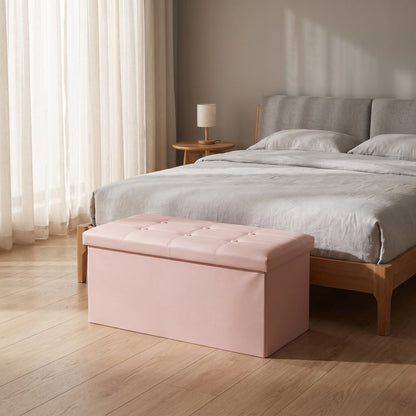 Storage ottoman shown in chocolate brown faux leather in a cosy interior