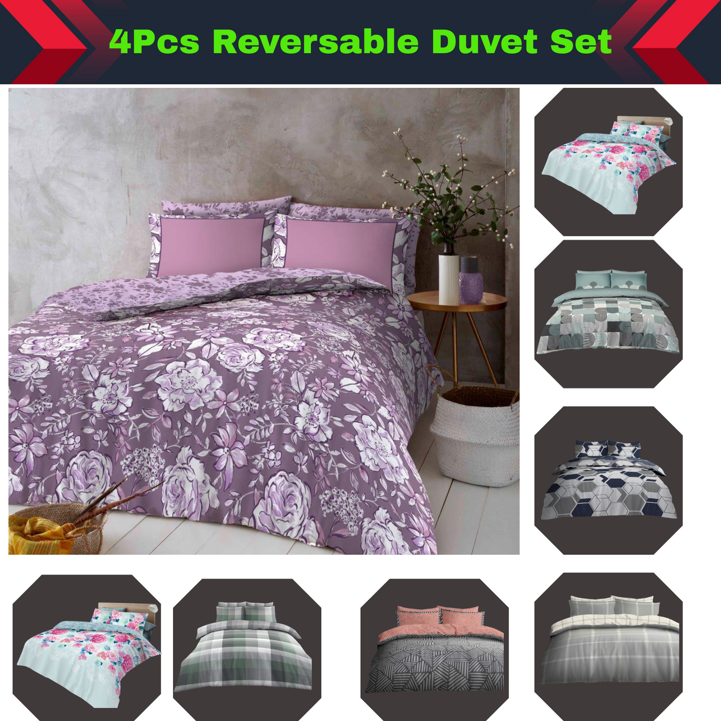 4 Pcs Complete Duvet Cover Set With Matching Bed Sheet & Pillowcases Double King