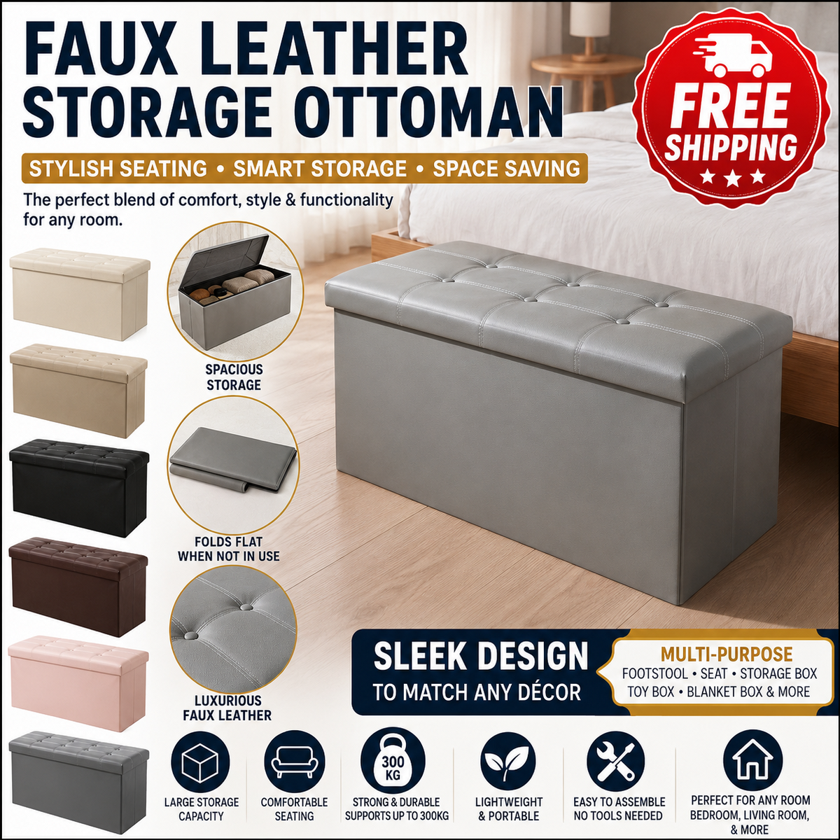 Faux leather storage ottoman bench with padded button-tufted lid