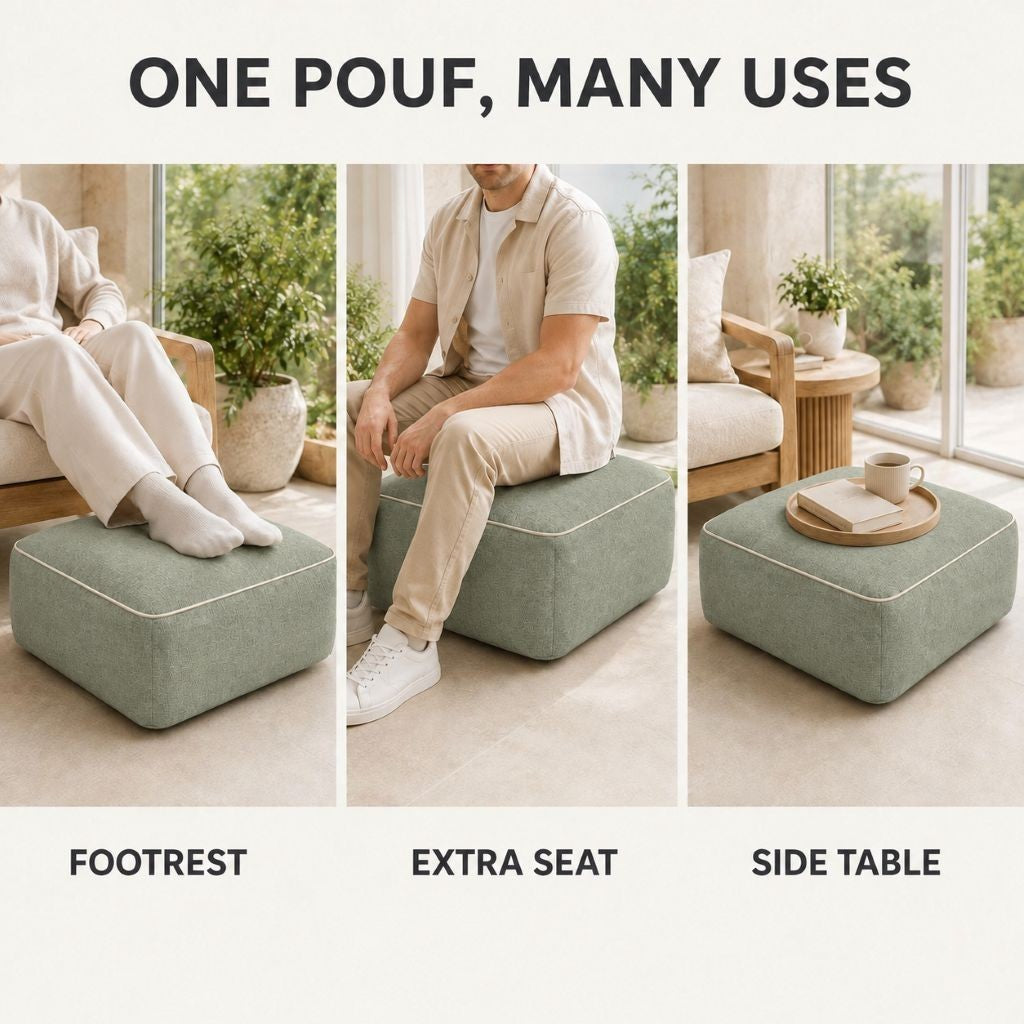 Close-up of textured water resistant polyester cover on the square pouf