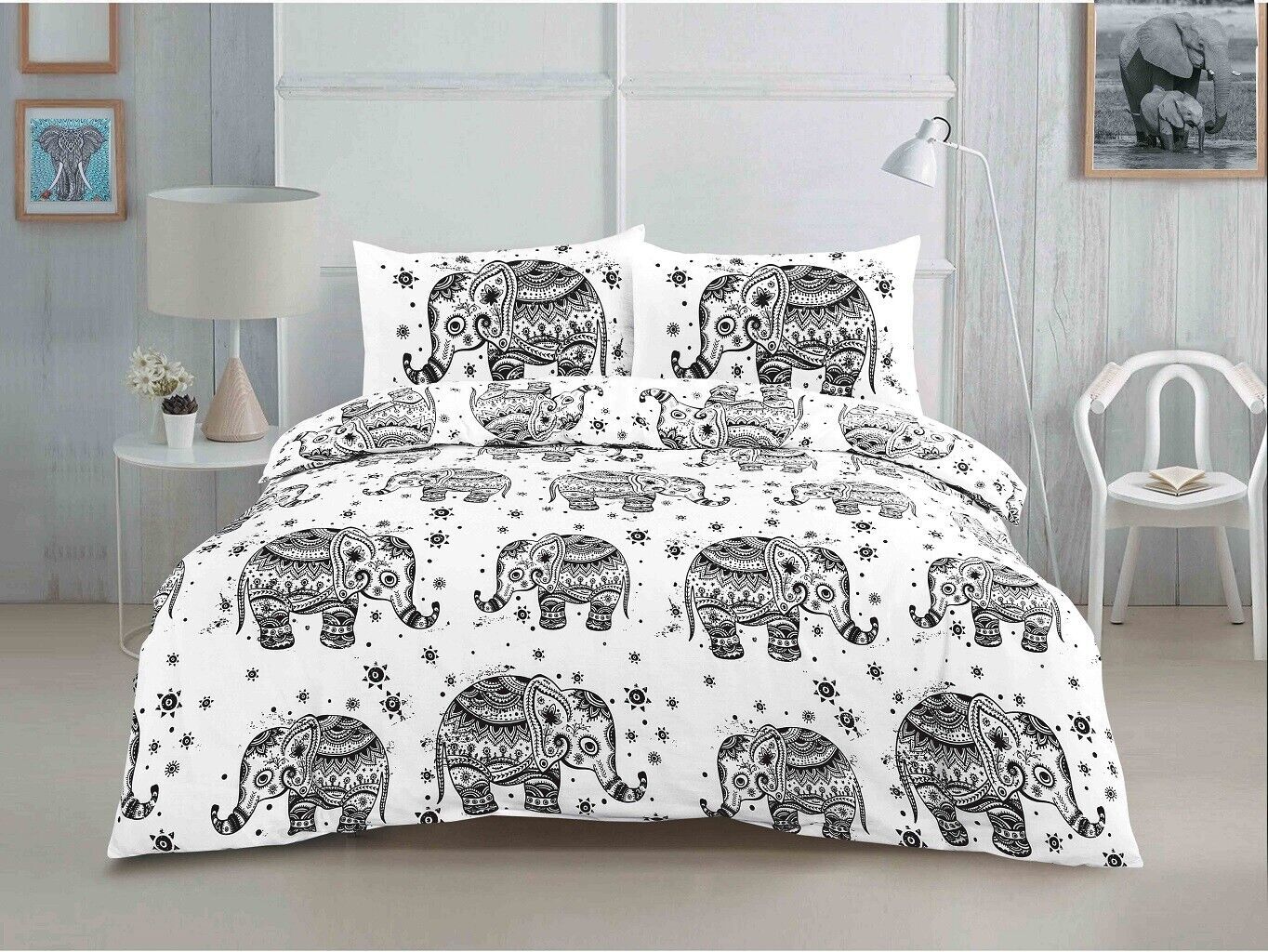 Jasmin & Elephant Duvet Cover Set With Pillowcases Quilt Bedding Sets All Sizes