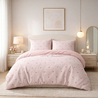 Full duvet cover set laid flat showing print, pillowcase and reverse design