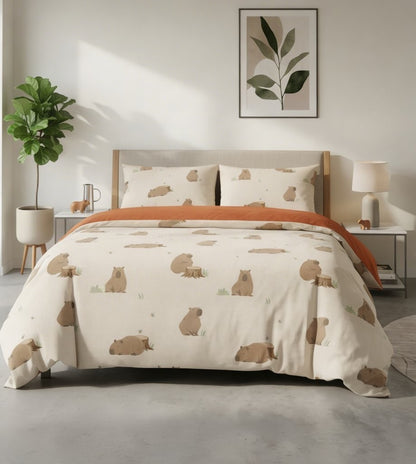 Funky Mushroom retro print duvet cover styled in a modern bedroom
