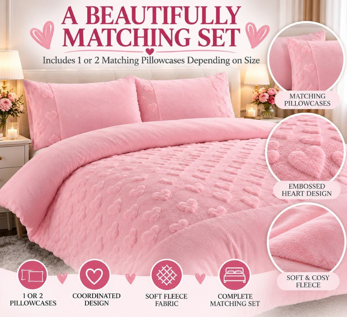 Single size teddy fleece heart duvet set on a kids' bed