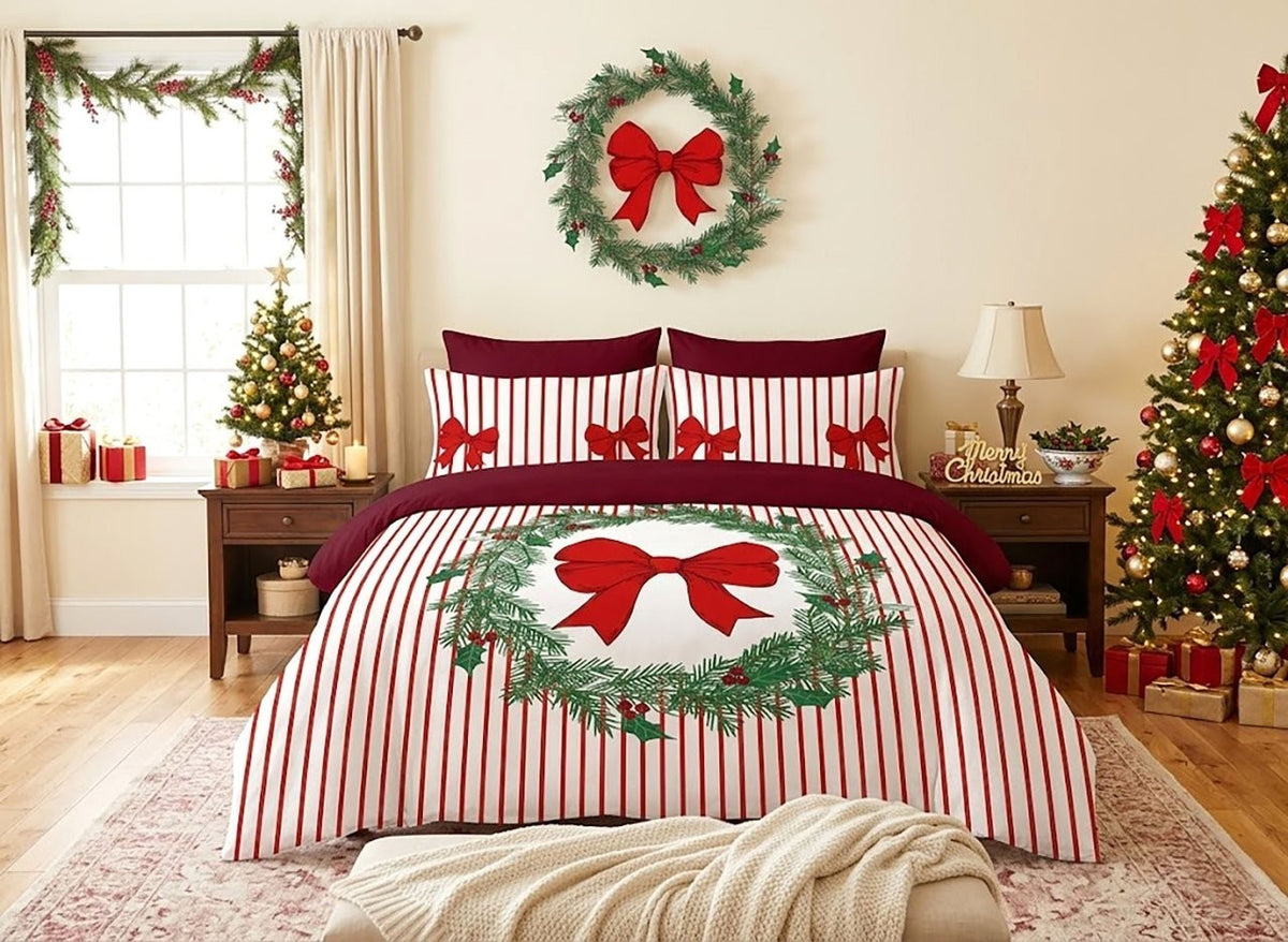 Winter-themed Christmas bedding giving the bedroom a warm, cosy festive feel