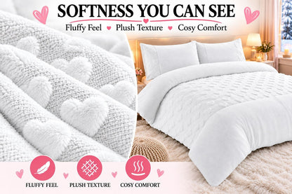 Guest room bed made up with white heart teddy fleece bedding