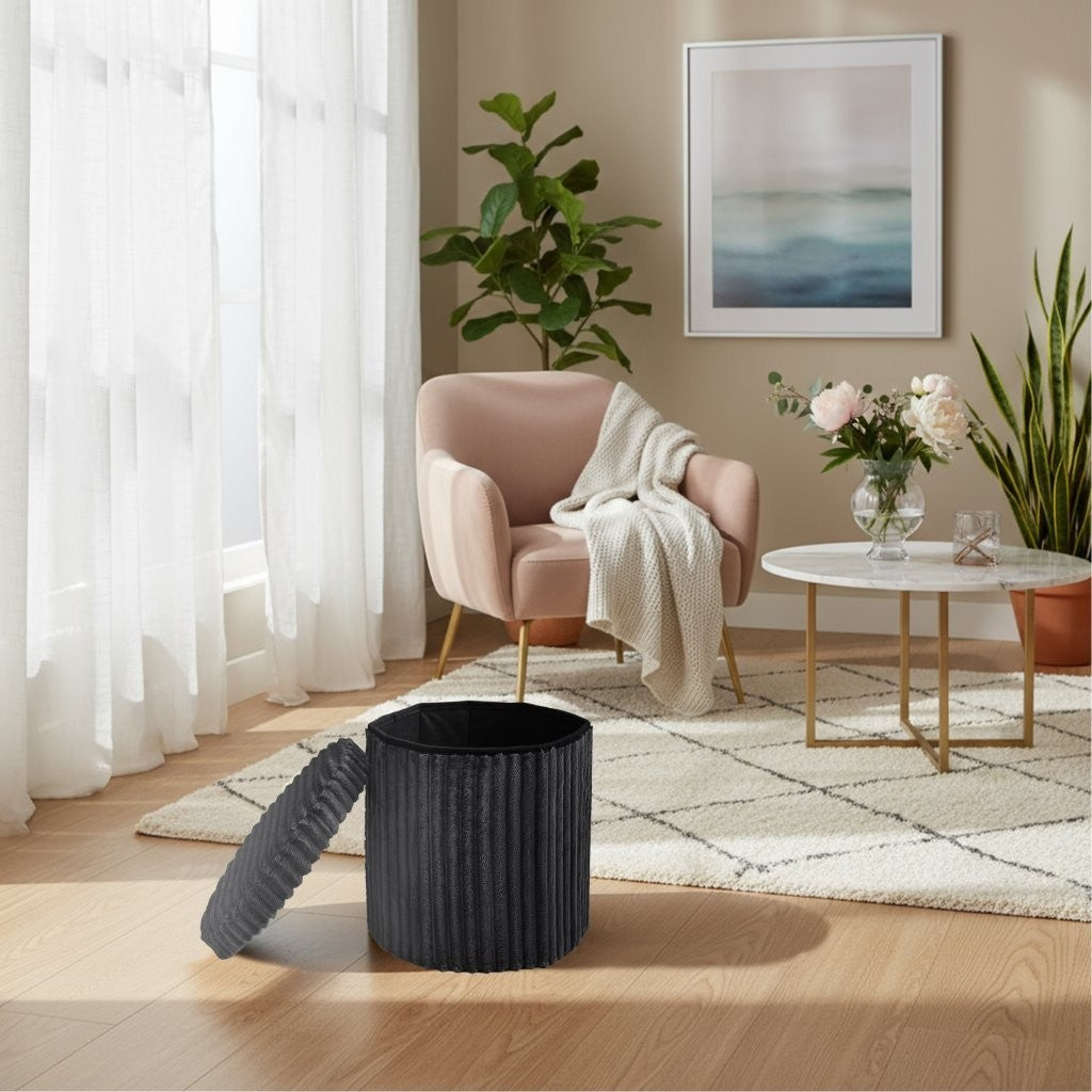 Round Ribbed Storage Box Ottoman Multipurpose Seat Foot Stool Toys Box Organizer