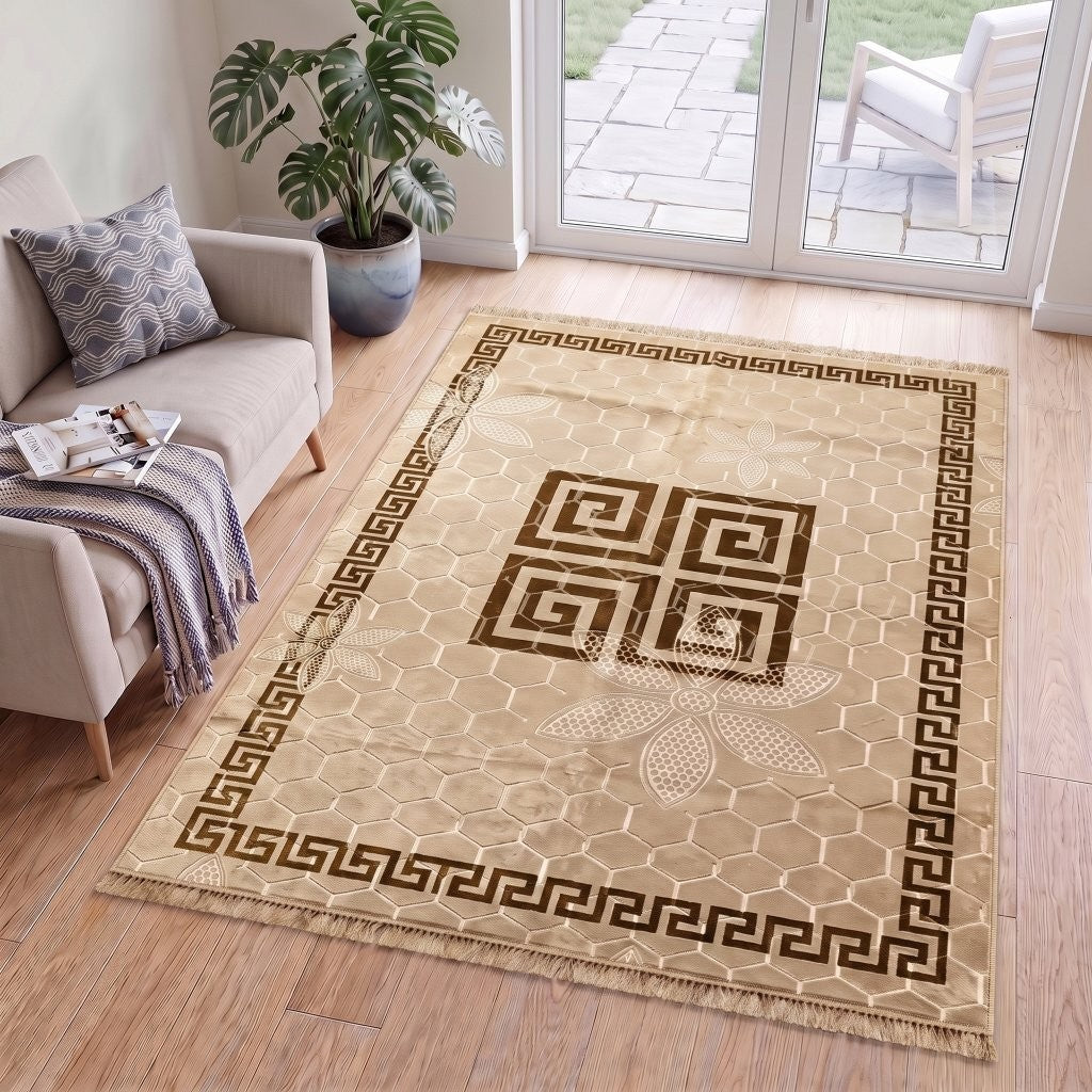 Greek key rug in a kitchen providing comfortable standing surface