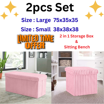 2pcs Set Ribbed Ottoman Storage Box Multi Seat Foot Stool Bench Home Organizer