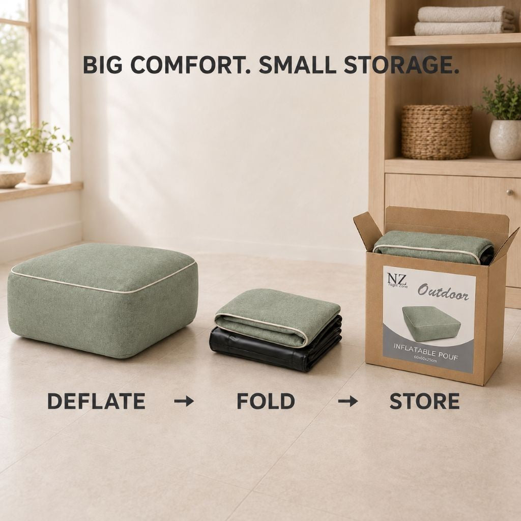 Inflatable pouffe packed for a camping trip beside a tent