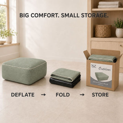 Inflatable pouffe packed for a camping trip beside a tent
