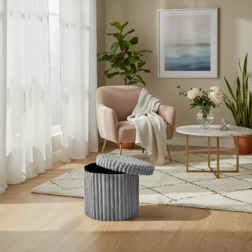 Round Ribbed Storage Box Ottoman Multipurpose Seat Foot Stool Toys Box Organizer