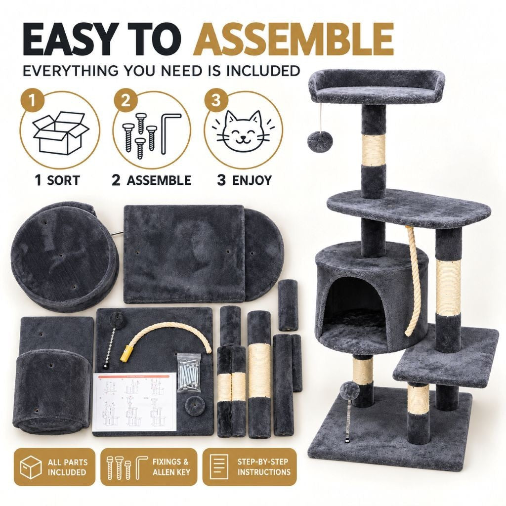 Cat tree dimensions diagram showing 40 x 40 x 112 cm size
