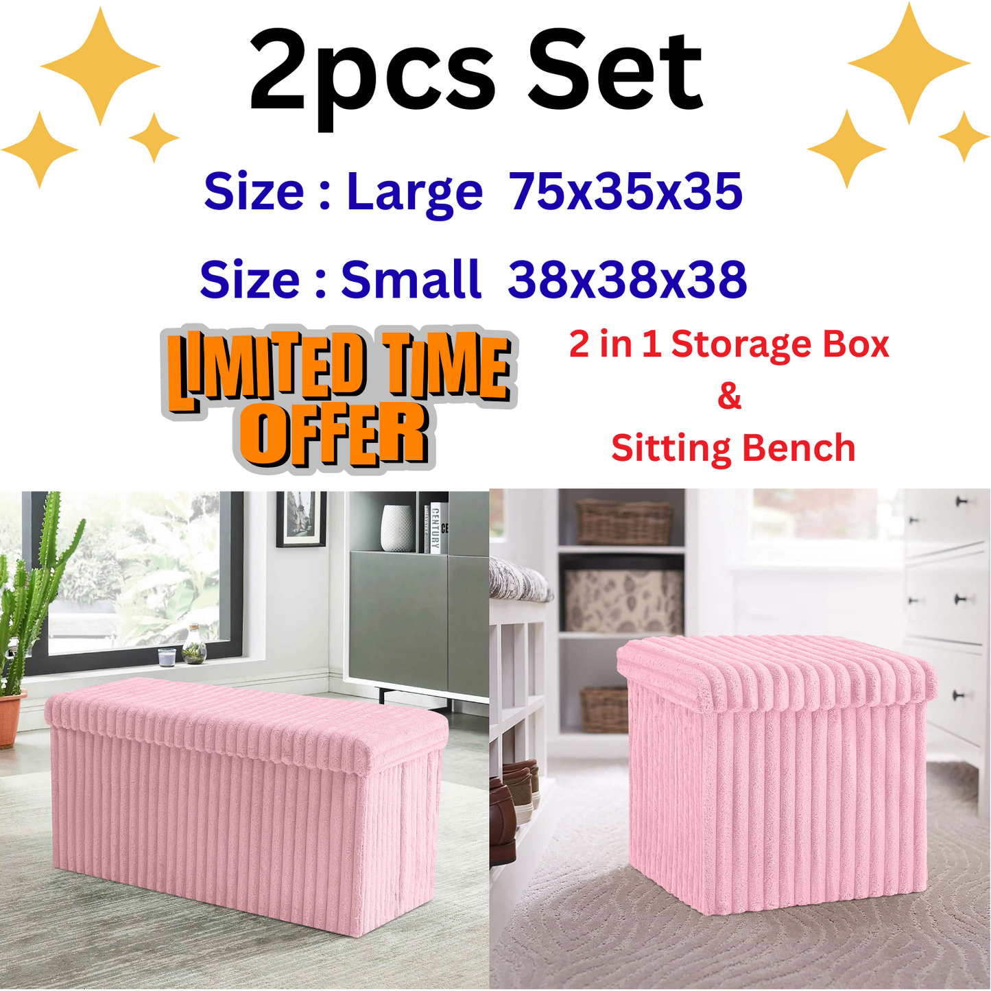 2pcs Set Ribbed Ottoman Storage Box Multi Seat Foot Stool Bench Home Organizer