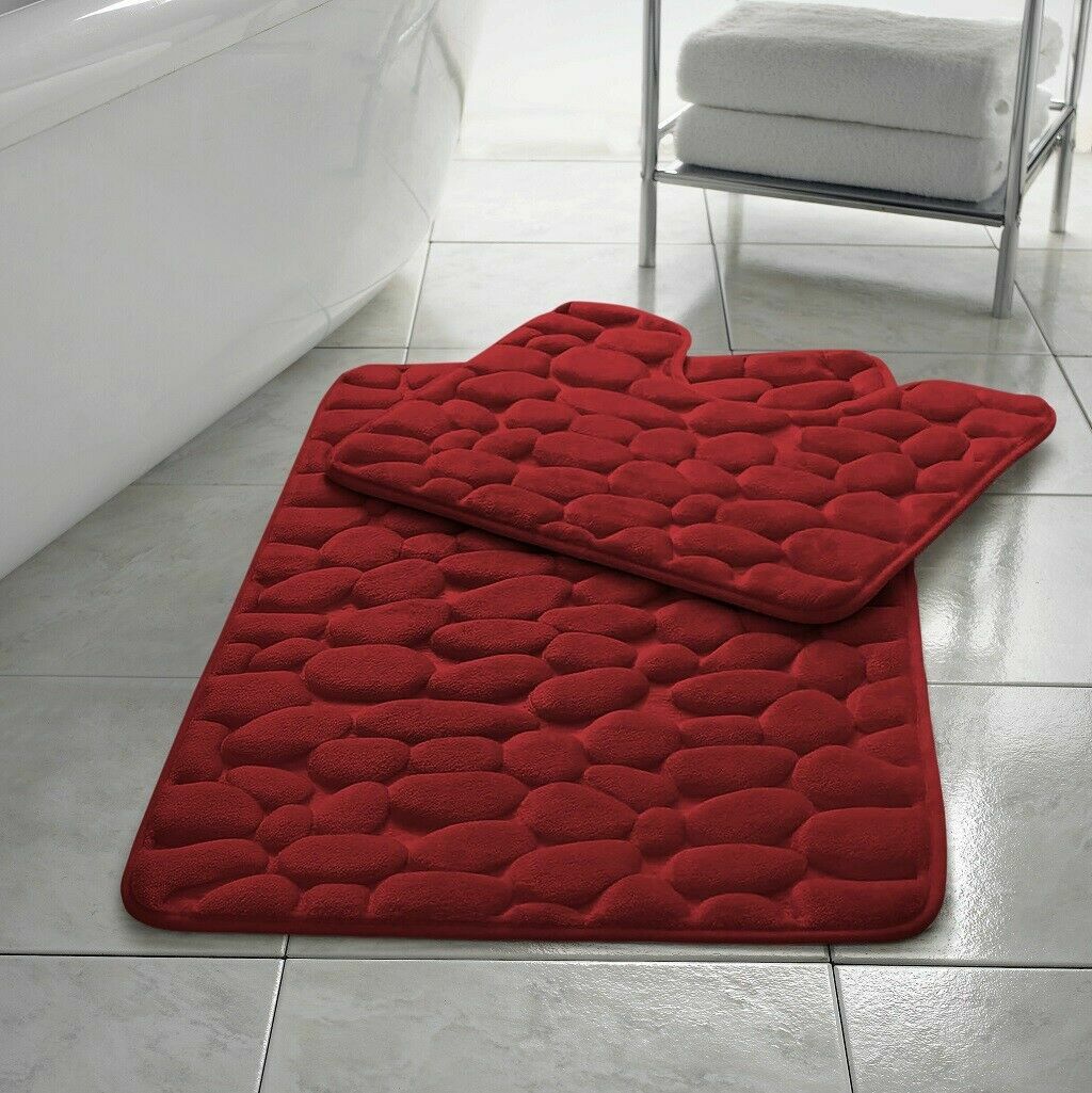 PEBBLES BATH MAT PEDESTAL MEMORY FOAM SET NON SLIP SOFT TOILET BATHROOM RUGS 2PC