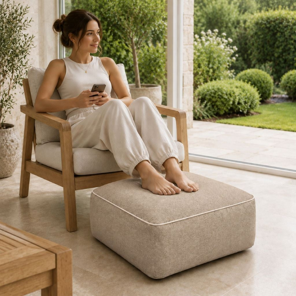 Inflatable square pouf as a portable seat for camping and caravan trips