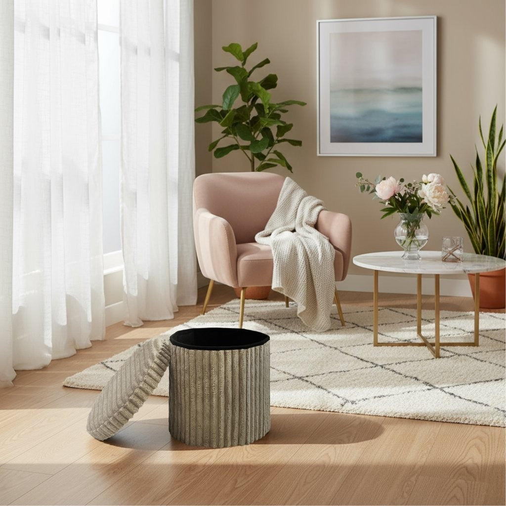 Round Ribbed Storage Box Ottoman Multipurpose Seat Foot Stool Toys Box Organizer