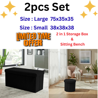 2pcs Set Ribbed Ottoman Storage Box Multi Seat Foot Stool Bench Home Organizer