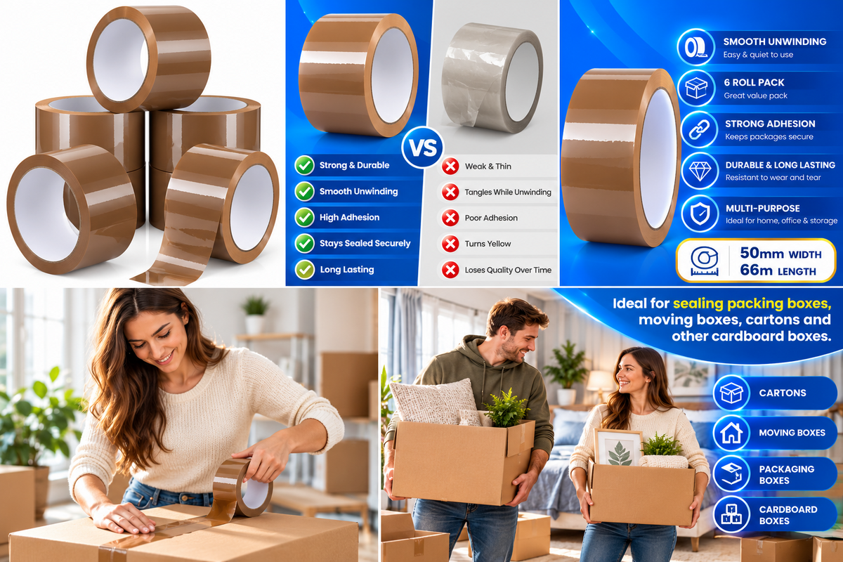 Brown packing tape sealing a cardboard carton for shipping