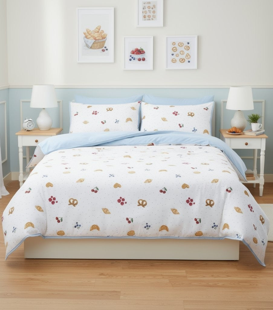 Cherry and Bow print duvet cover styled in a bright teen bedroom