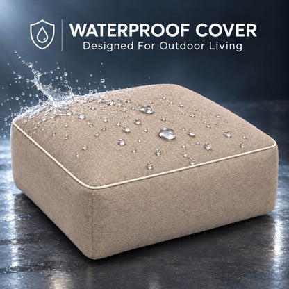 Square inflatable pouf in beige with neat piped edging
