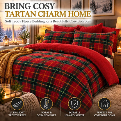 Close-up of the soft fluffy teddy fleece texture and tartan check pattern