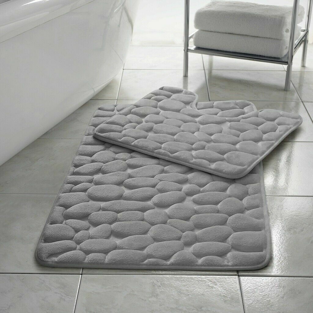 PEBBLES BATH MAT PEDESTAL MEMORY FOAM SET NON SLIP SOFT TOILET BATHROOM RUGS 2PC