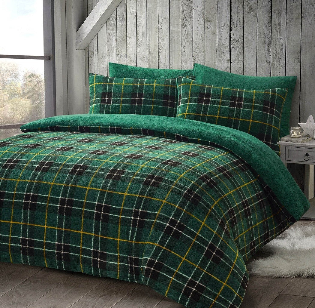 Xmas Tartan Check Teddy Fleece Duvet Cover Set Super Soft Thermal Warm Bedding