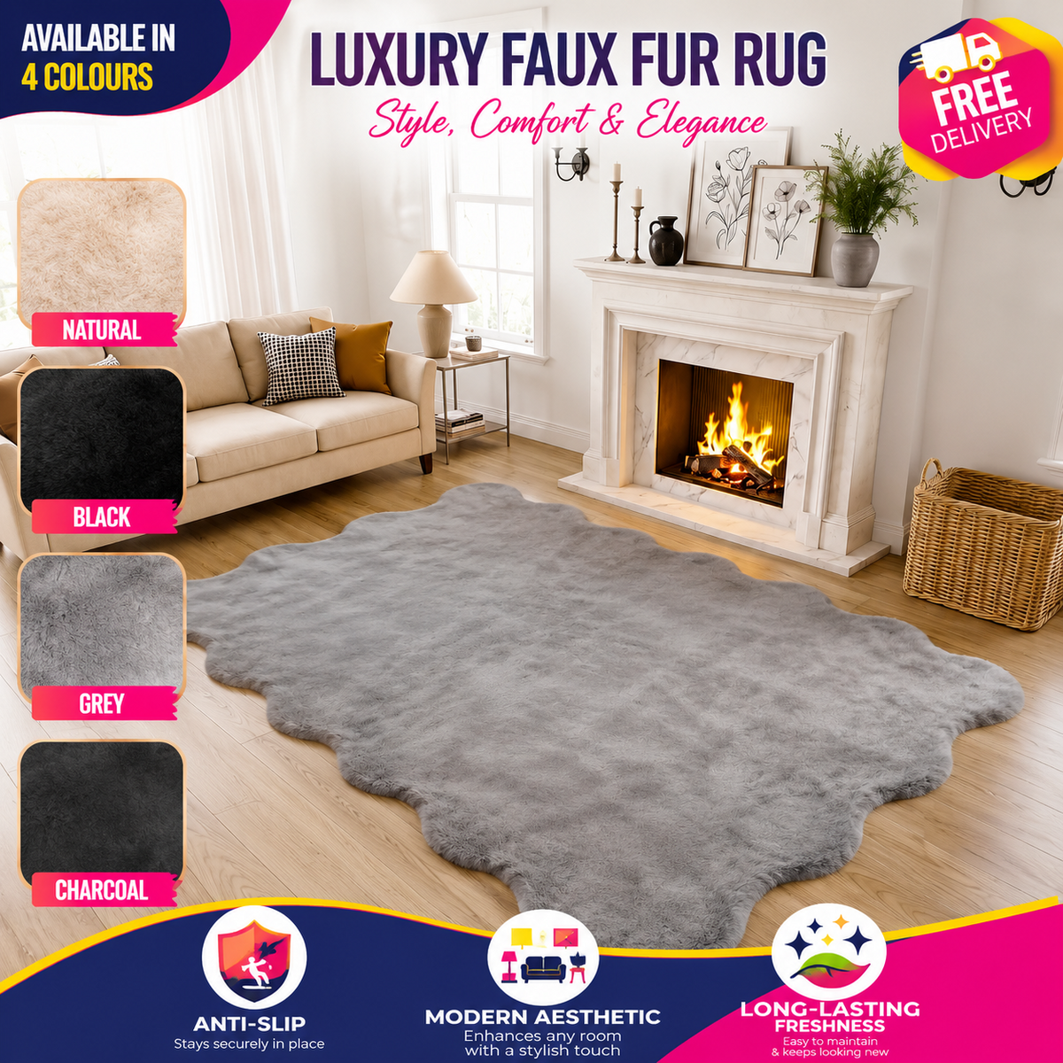Scalloped edge washable area rug shown in a modern living room