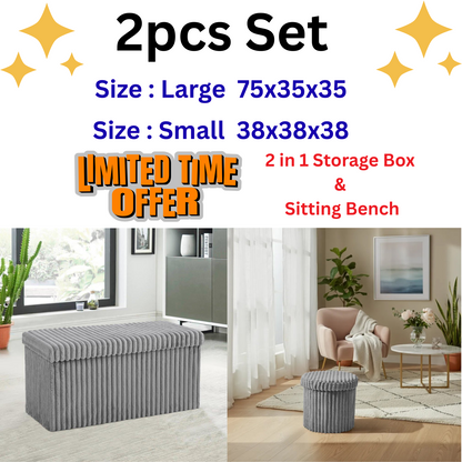2pcs Set Ribbed Ottoman Storage Box Multi Seat Foot Stool Bench Home Organizer