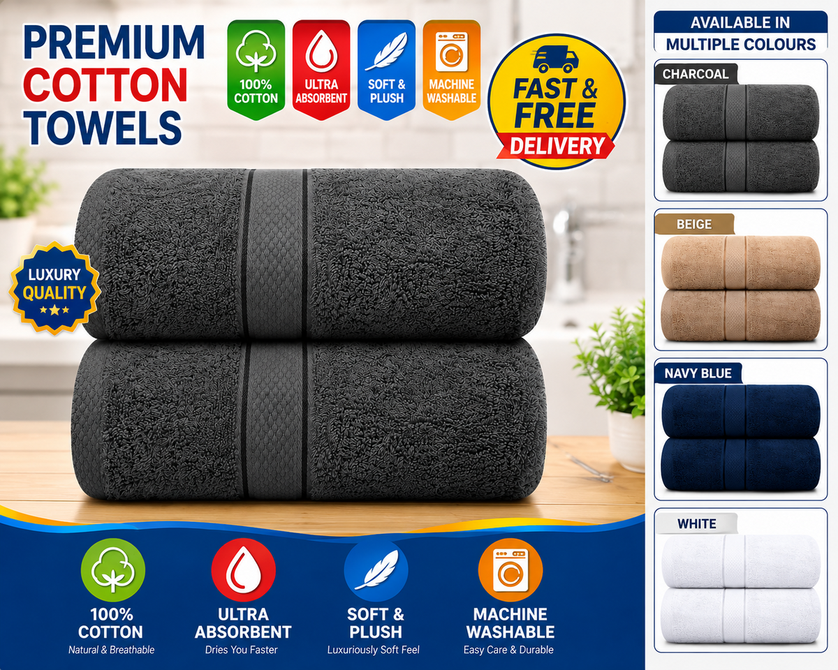 500 GSM Egyptian cotton bath towel set stacked in a bathroom