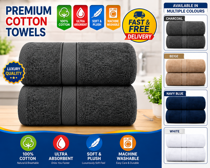 500 GSM Egyptian cotton bath towel set stacked in a bathroom