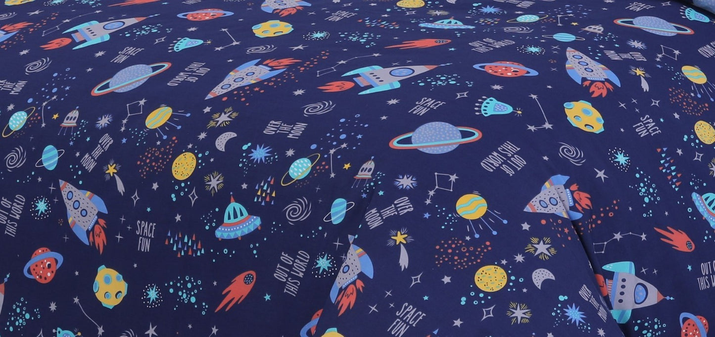 Space Galaxy Rocket Moon Stars Print Duvet Cover Pillowcase Bedding Set