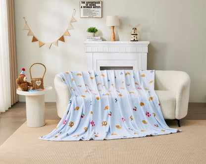 Funky Mushroom retro print fleece throw over a sofa