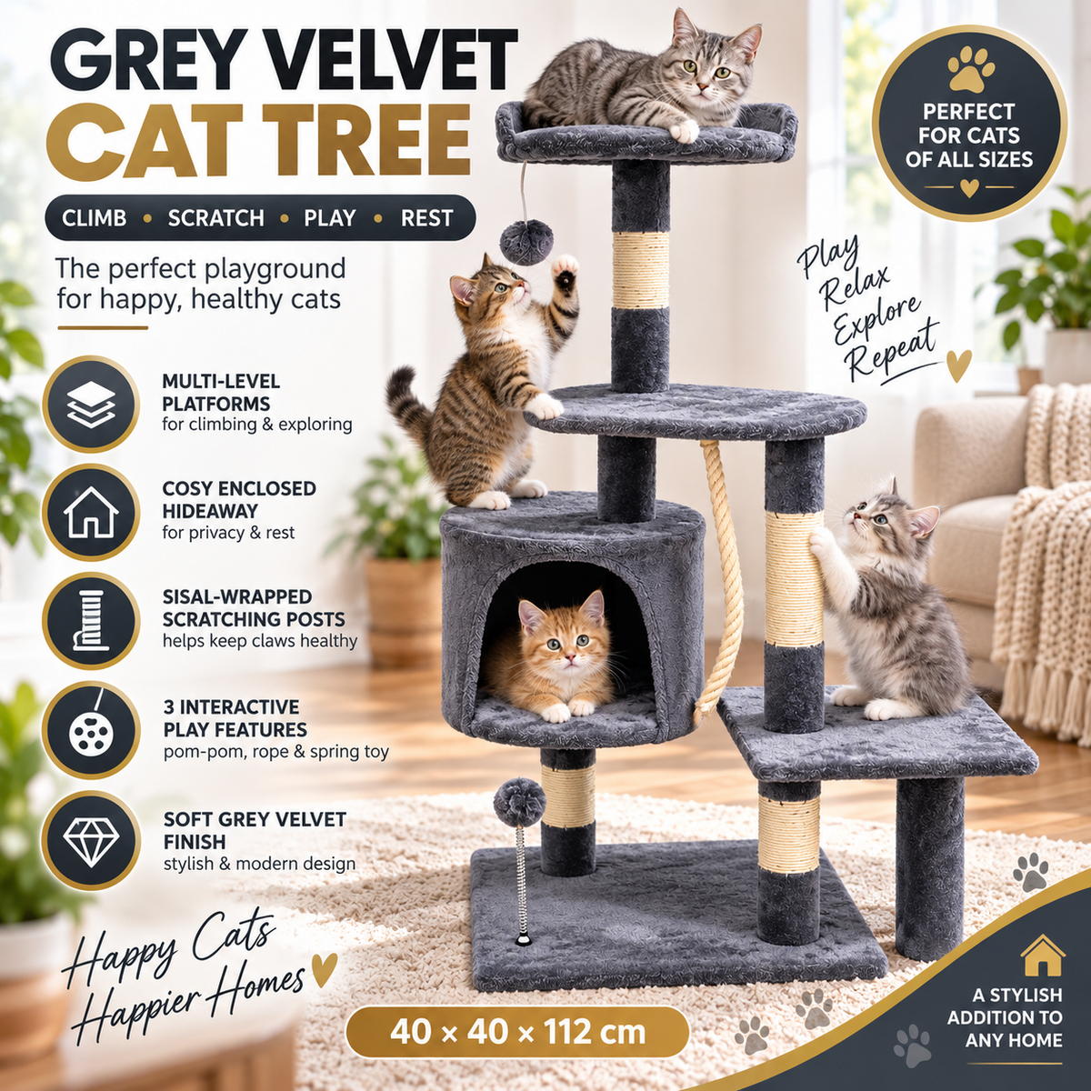Nimora Home 112 cm cat tree scratching post tower with cave condo and perches
