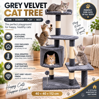 Nimora Home 112 cm cat tree scratching post tower with cave condo and perches