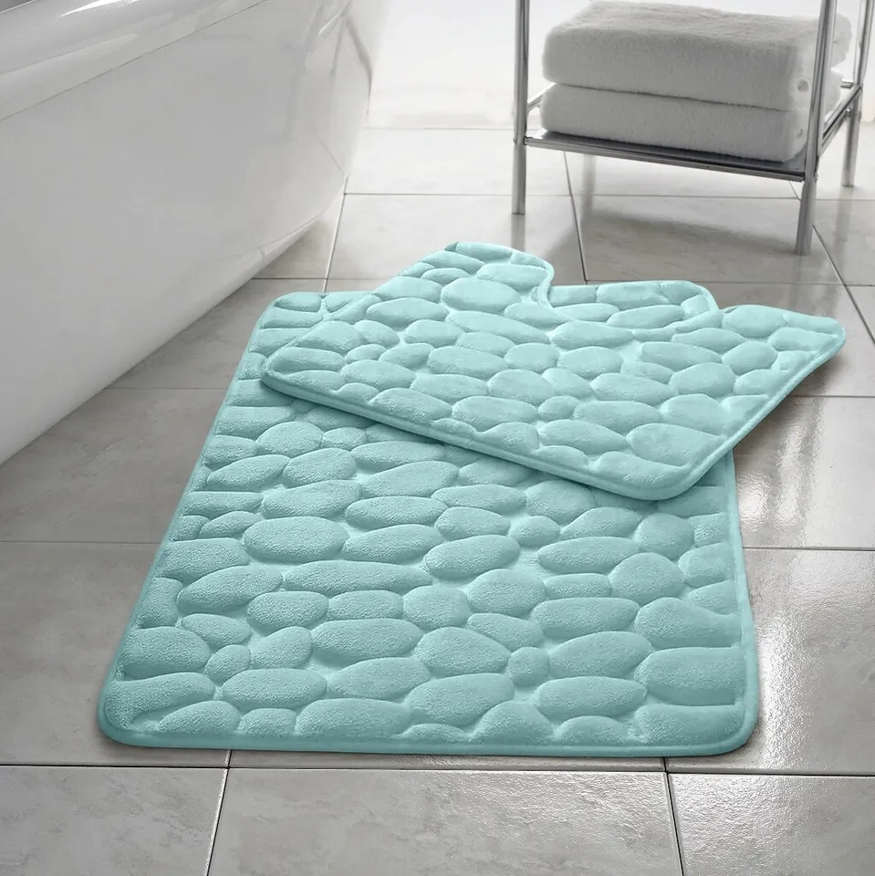 Pabble Memory Foam Non Slip Bath Mat Set 2 Piece Rubber Pedestal Toilet Bathroom