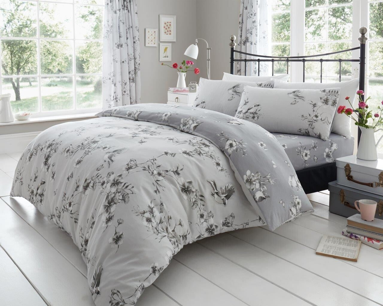 Birdie Blossom Floral Duvet Cover Easy Care Bed Linen All Year Round Bedding Set