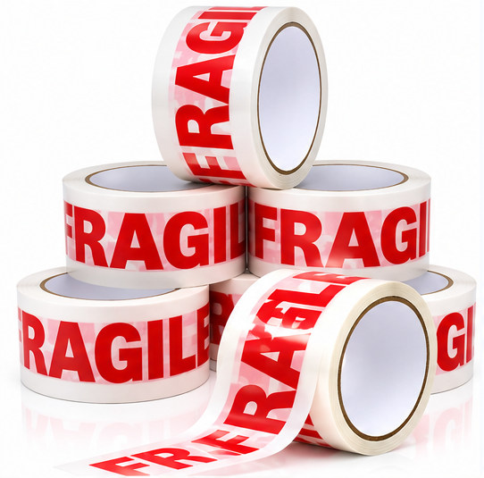 Fragile tape sealing a cardboard parcel box for safe delivery