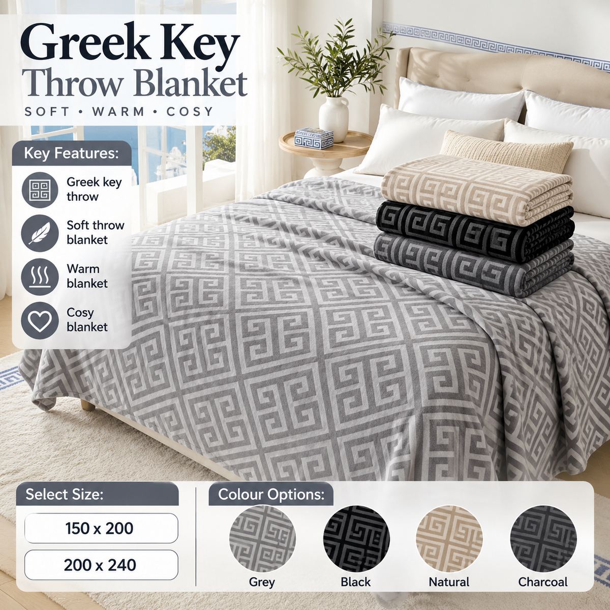 Nimora Home Lexicon Greek key fleece throw blanket folded on a bed