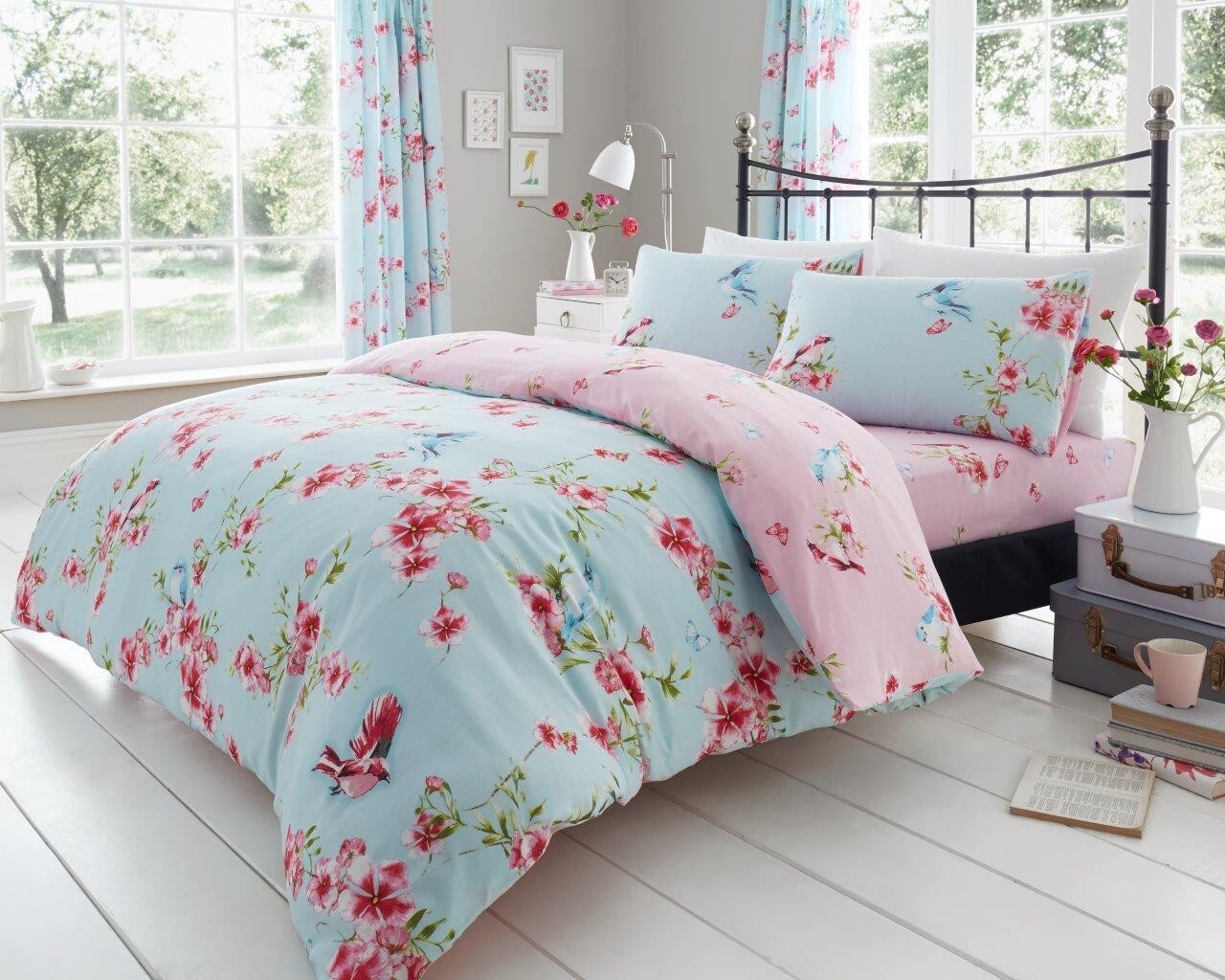 Birdie Blossom Floral Duvet Cover Easy Care Bed Linen All Year Round Bedding Set