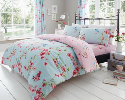 Birdie Blossom Floral Duvet Cover Easy Care Bed Linen All Year Round Bedding Set