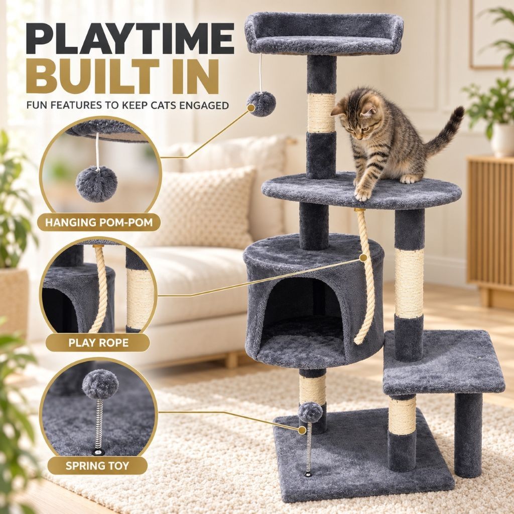 Reinforced base and sturdy particleboard frame of the cat scratching tower
