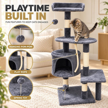 Reinforced base and sturdy particleboard frame of the cat scratching tower