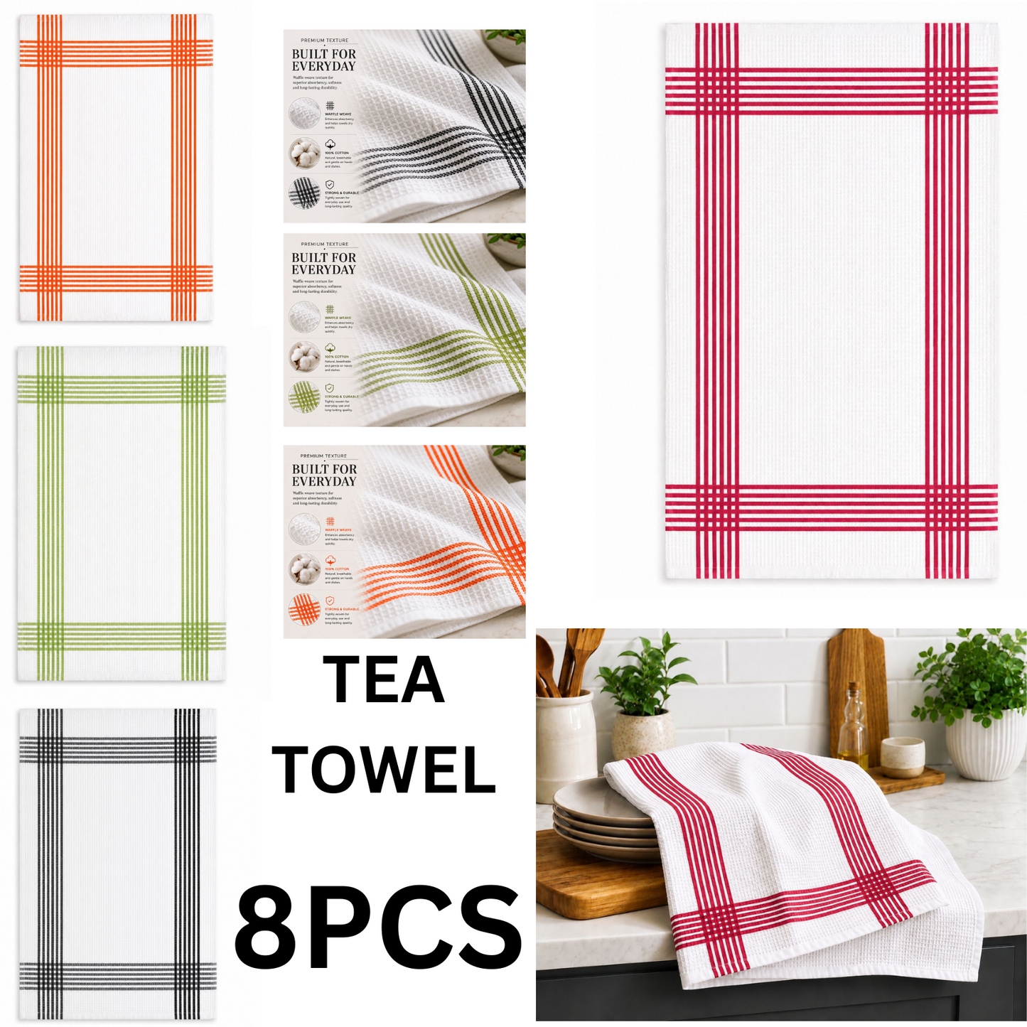 8 PCS 100% COTTON  WAFFLE  TEA TOWELS KITCHEN TOWEL CHECK DESIGN HIGH ABSORBER