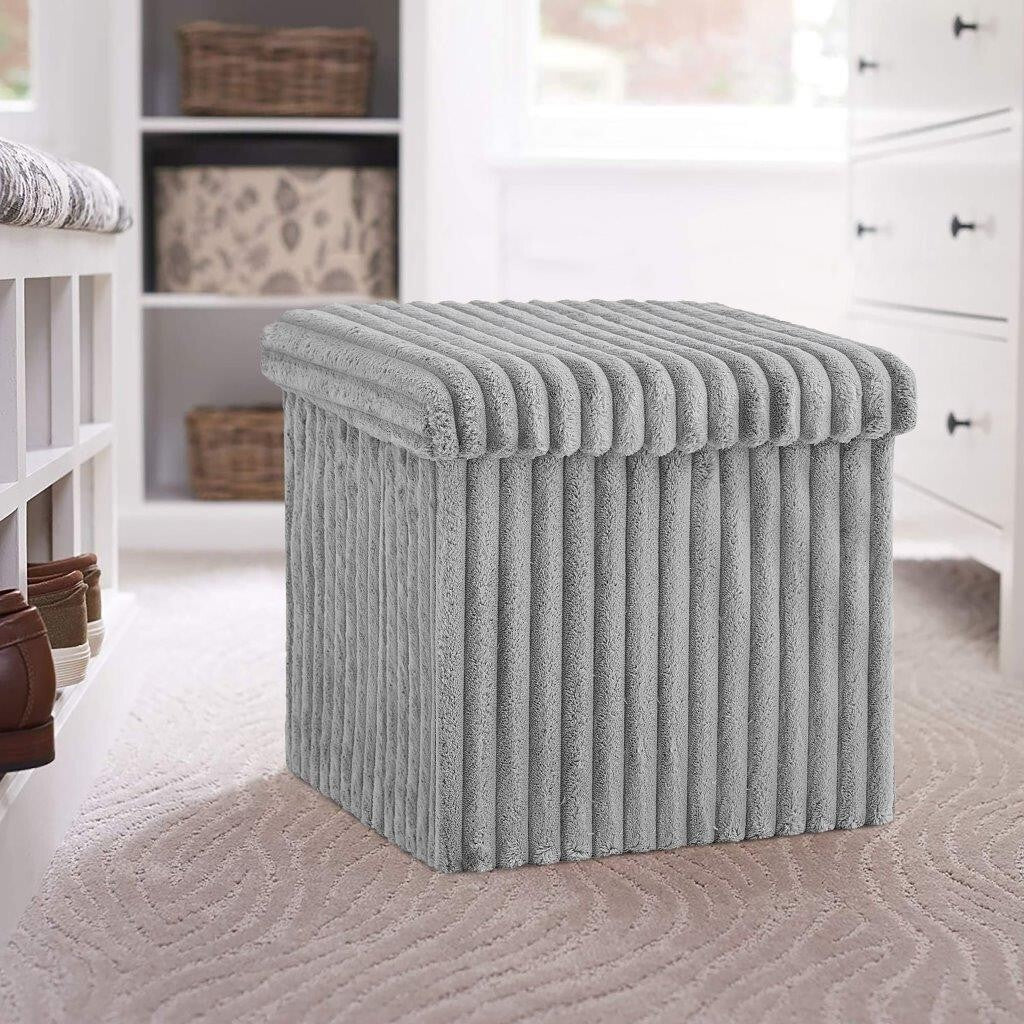 OTTOMAN STORAGE BOX Ribbed Foldable Toybox Folding Pouffe Bench Chair Seat Stool